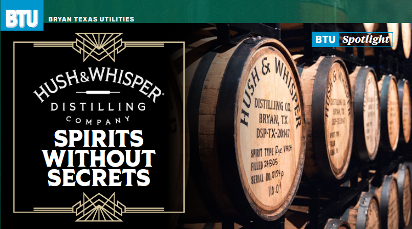Hush & Whisper Distilling Company logo and an image of whiskey barrels.
