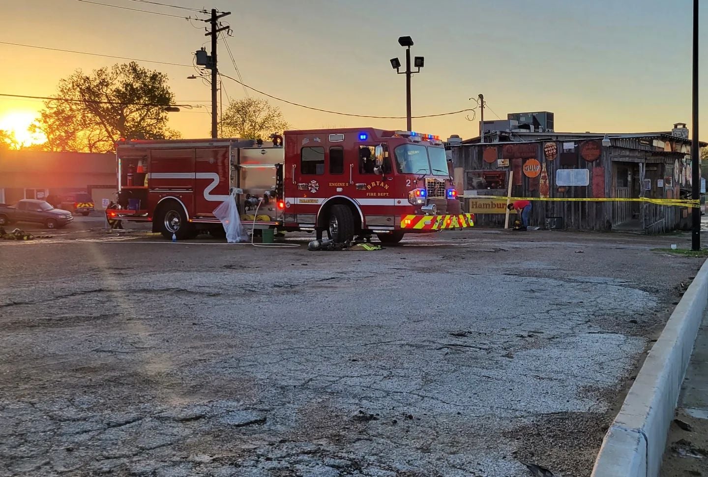 A Bryan Fire Department truck is parked in front of the Chicken Oil Co after a fire was reported on April 3, 2022.