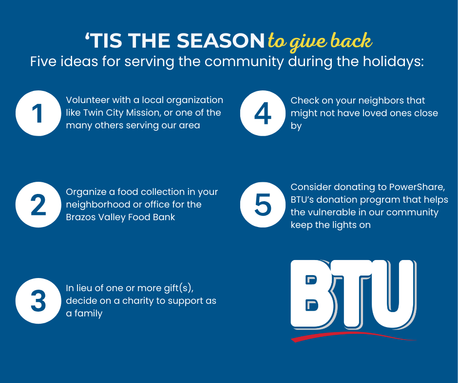 Five ways to give back this holiday season including volunteering, donating food, donating to charity instead of one or more gifts, checking on neighbors, and donating to BTU's Power Share program