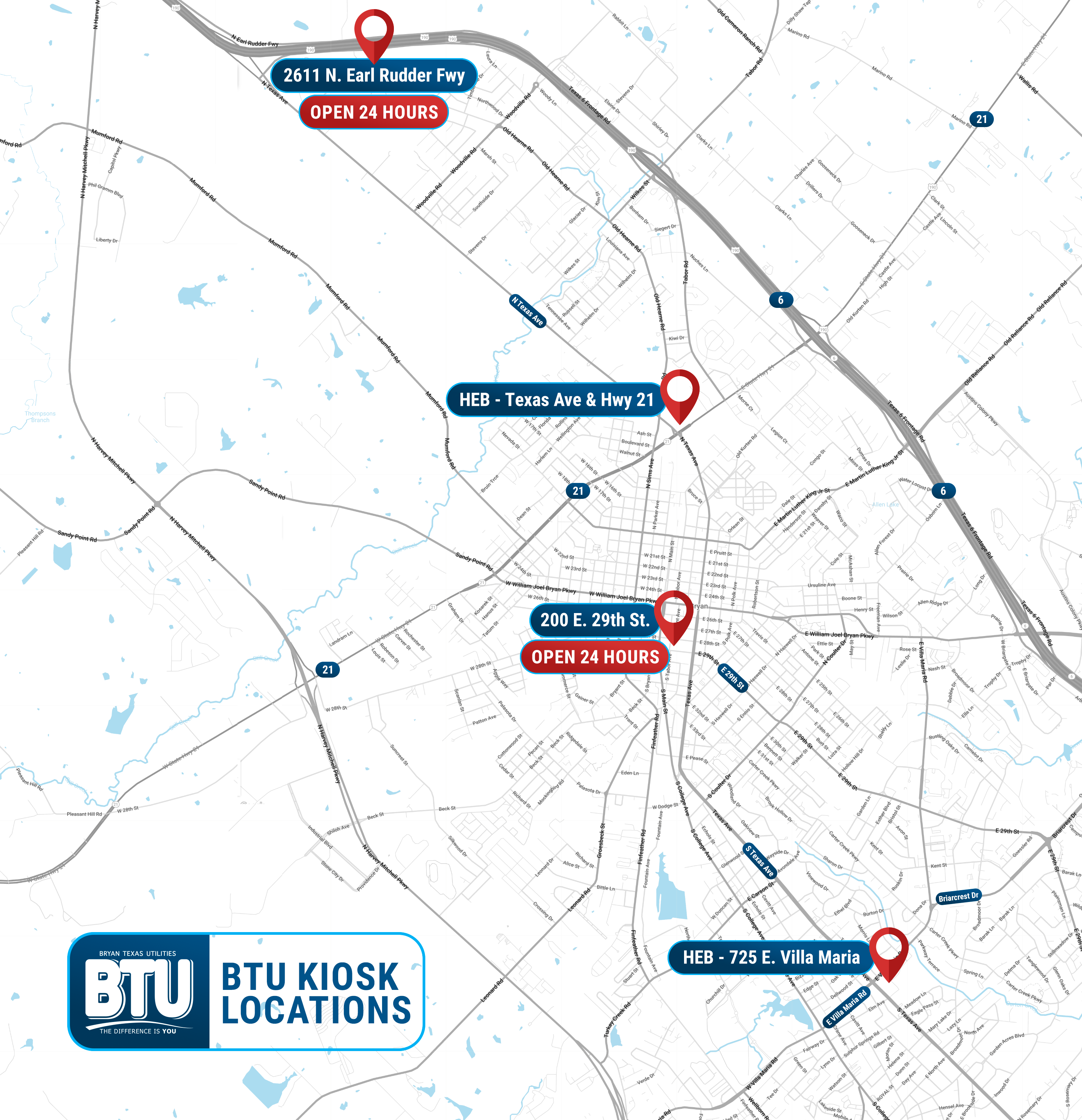 Map of BTU kiosk locations including both Bryan HEB locations, the Bryan Development Center at 200 East 29th Street and the BTU administration building at 2611 North Earl Rudder Freeway