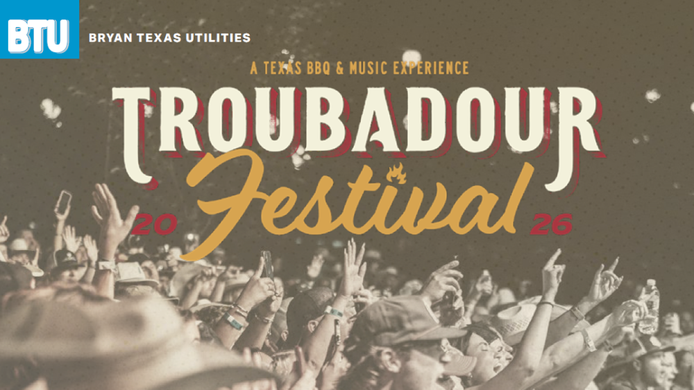 2026 Troubadour Festival logo, event will take place in March at Bryan's Midtown Park