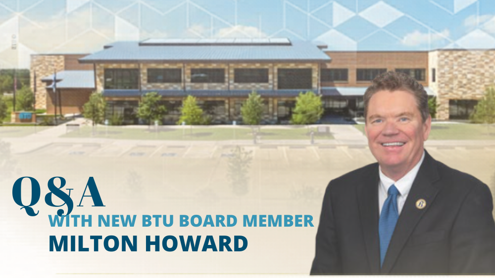 Milton Howard in front of the BTU administration building with the title q and a with new btu board member milton howard overlayed on top