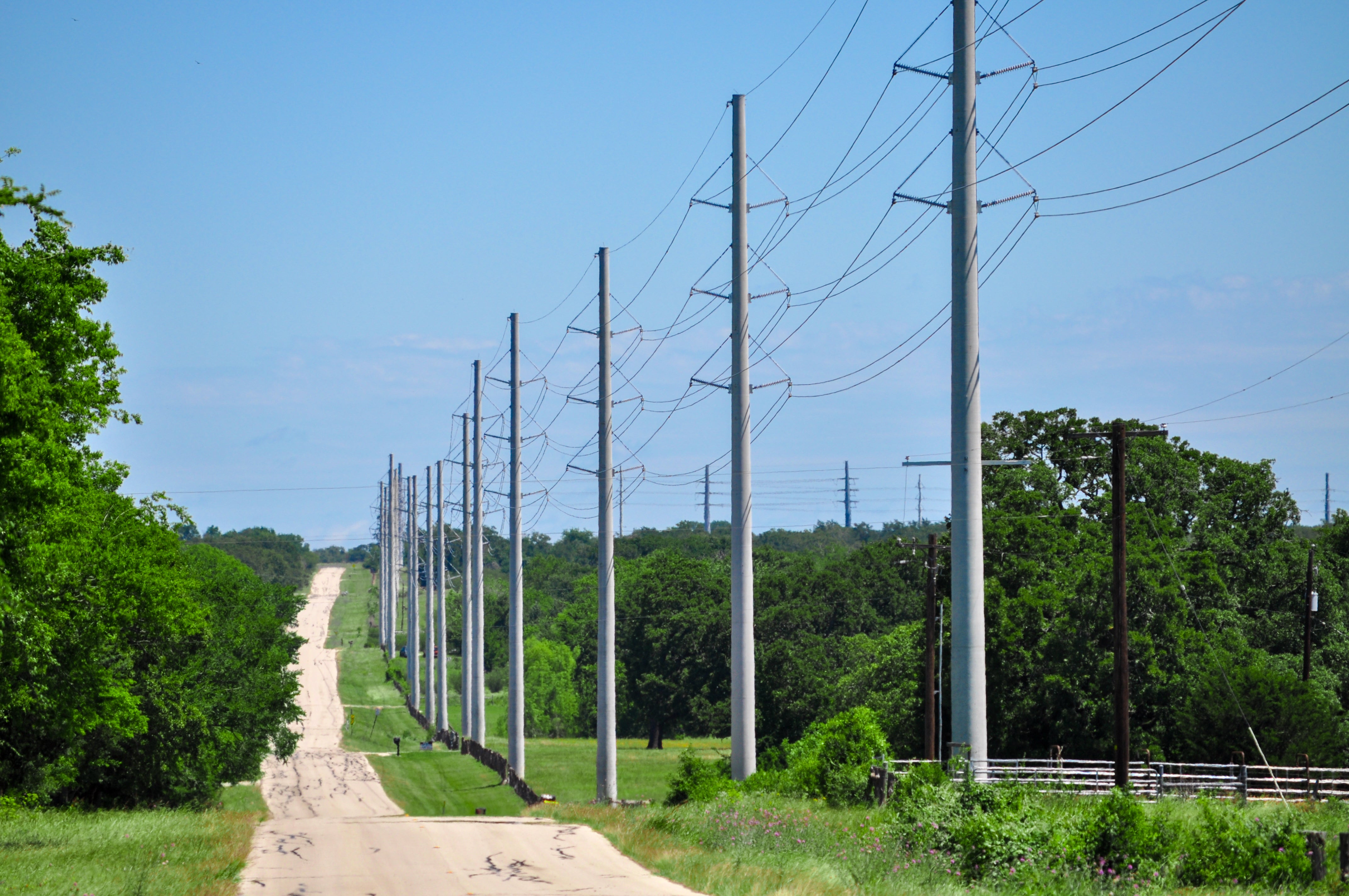 Transmission lines owned by BTU running through rural Brazos County