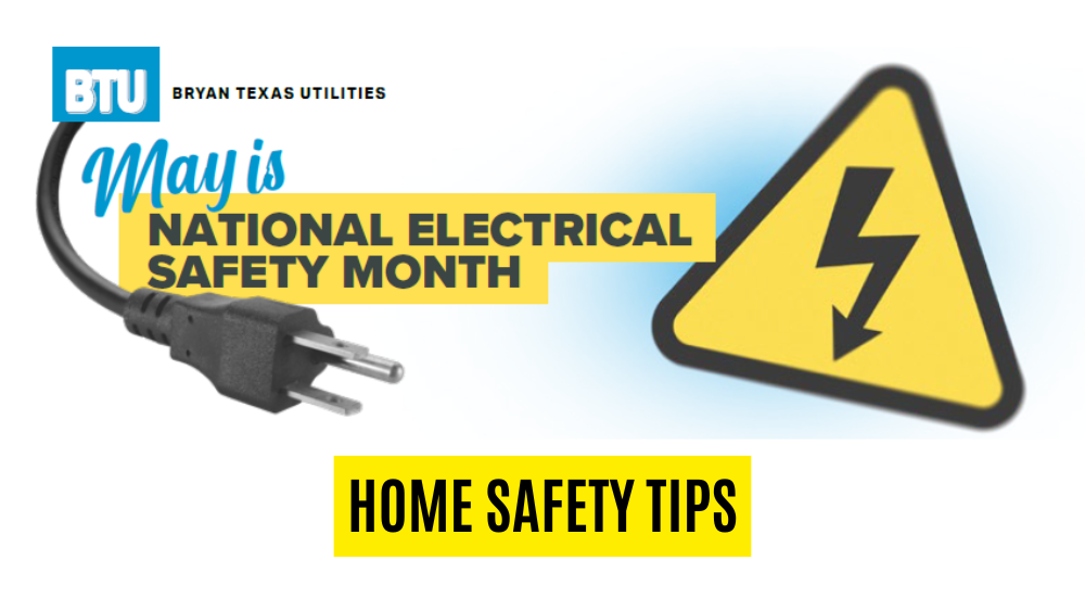 Graphic for National Safety Month featuring power plug, electrical hazard symbol, and the words "Home Safety Tips.".