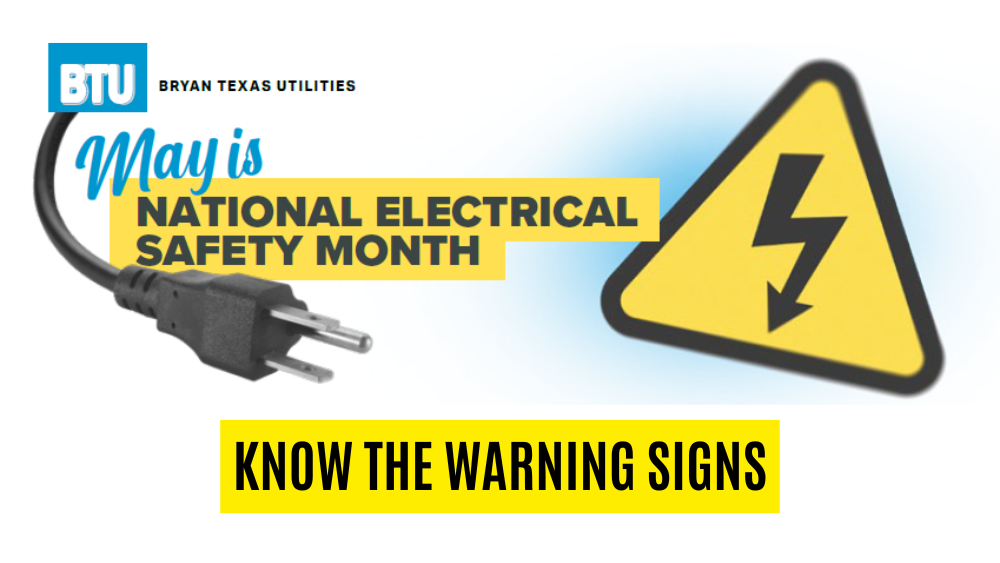 Graphic for National Safety Month featuring a power plug, electrical hazard symbol, and the words "Know the Warning Signs."