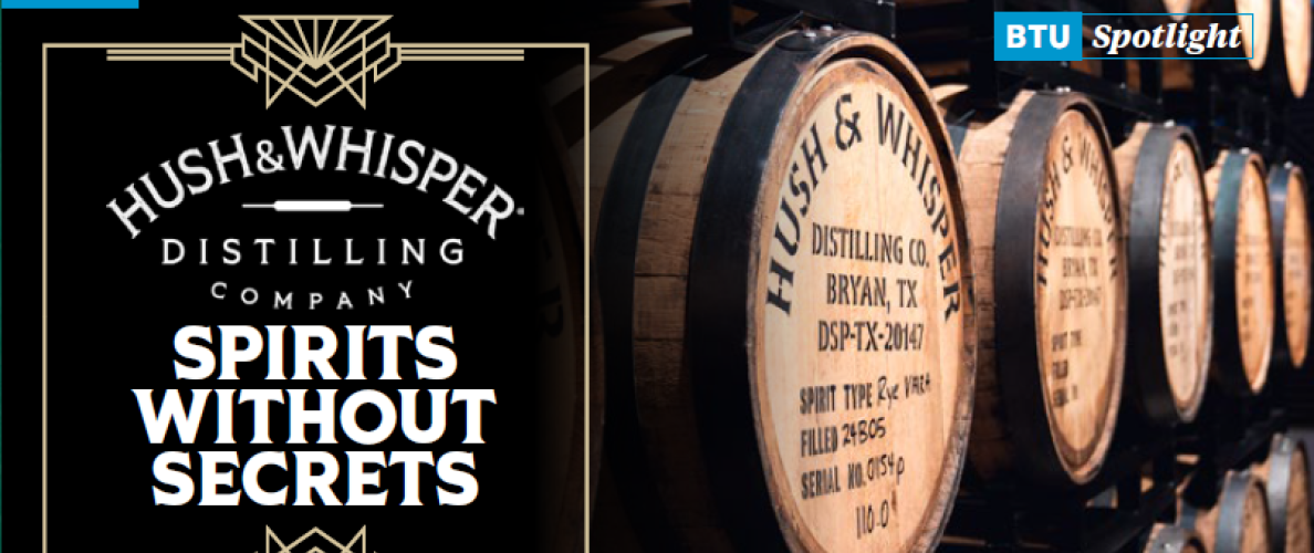 Hush & Whisper Distilling Company logo and an image of whiskey barrels.