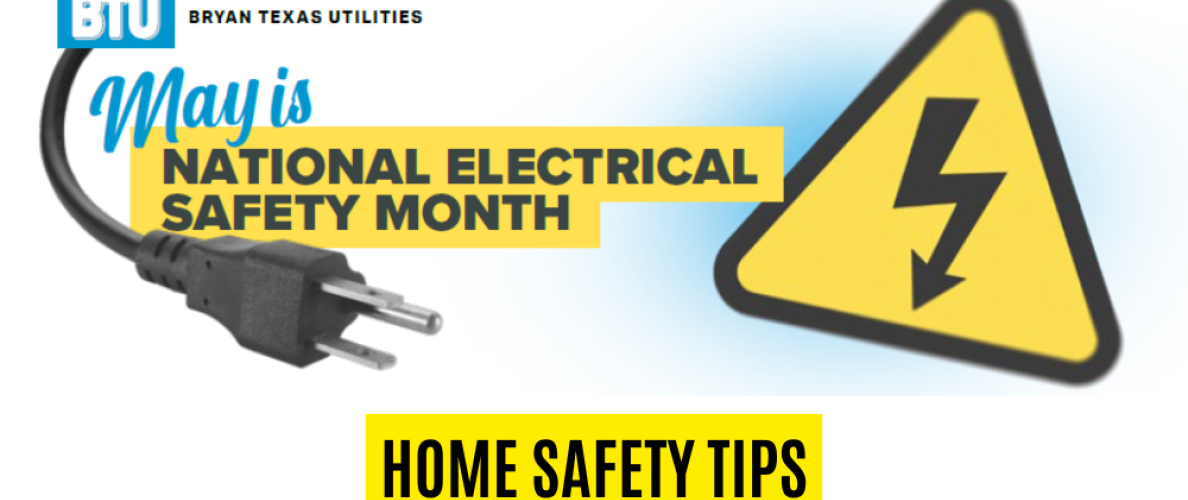 Graphic for National Electrical Safety Month featuring power cord, and electrical hazard symbol. 