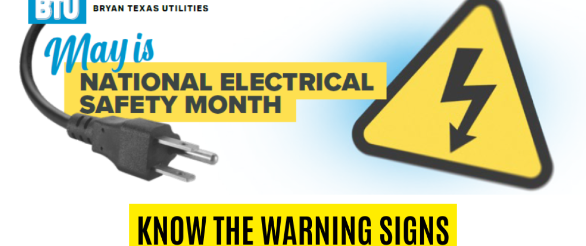 Graphic for National Electrical Safety Month featuring electrical safety messaging about recognizing electrical hazards and warning signs.
